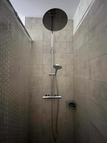 y baño con ducha con cabezal de ducha. en Casa Rural De Mascoras, en Santibáñez el Alto