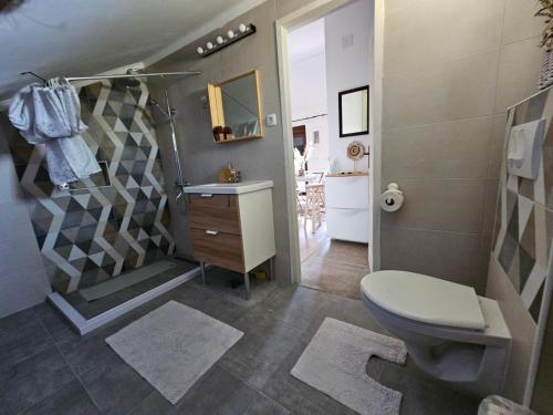 e bagno con doccia, servizi igienici e lavandino. di Apartman Snežana Jugovo a Smederevo