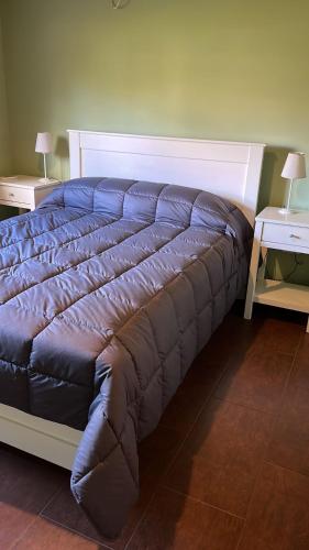 a large bed in a bedroom with two tables at Cabañas El Viejo Sauce in Tandil