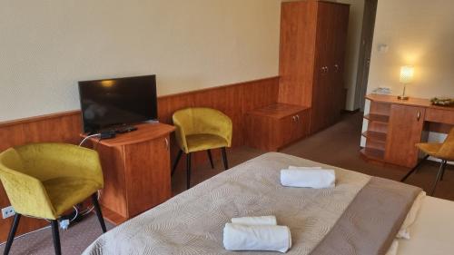 a room with a bed and chairs and a television at Sport Hotel in Tatabánya