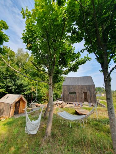 two hammocks in a field next to a barn at Schody do wody Domek z linią brzegową Kaszuby sauna goraca balia in Roztoka