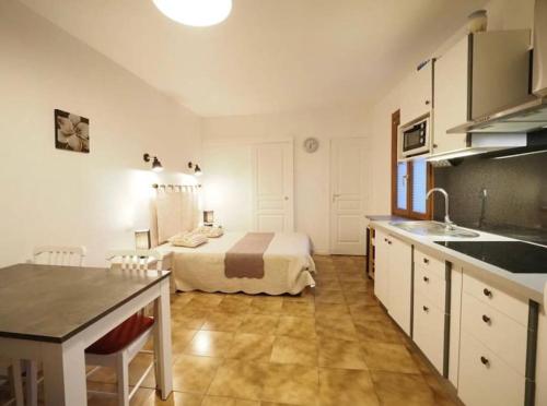 Il comprend une cuisine et une chambre avec un lit. dans l'établissement Studio meublé avec terrasse, à Gréoux-les-Bains