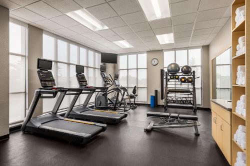 a gym with treadmills and ellipticals in a room with windows at TownePlace Suites by Marriott Harrisburg West/Mechanicsburg in Mechanicsburg