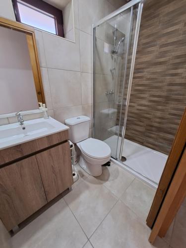 a bathroom with a toilet and a shower and a sink at Burguesinha AL Entre-os-Rios in Entre-os-Rios