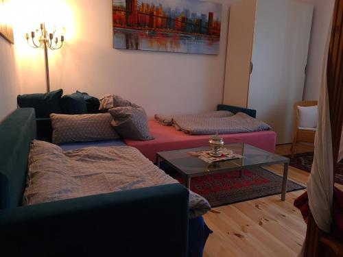 a living room with a couch and a table at Nana-EG-80m2 sanierter Altbau-Parkplatz-kleiner Garten-WLAN-NETFLIX-2Zimmer-Küche-Dusche-Wanne-Waschmaschine in Oberhausen