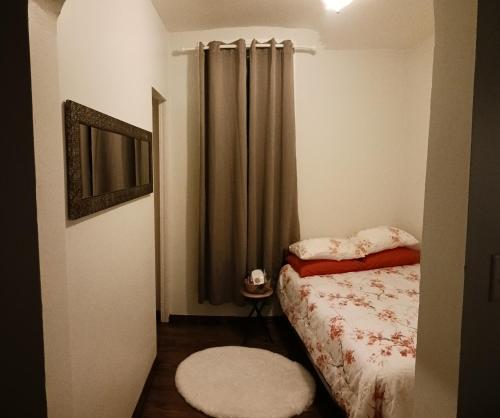 een kleine slaapkamer met een bed en een gordijn bij La Villita - Gateway to Chicago in Chicago