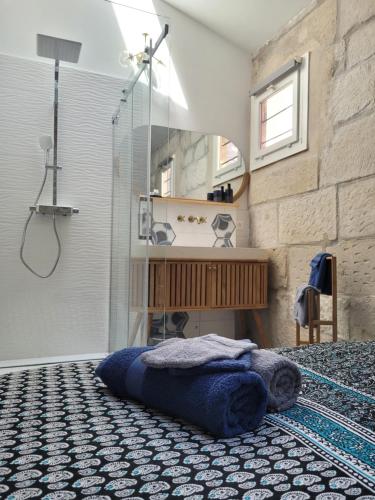 - une salle de bains avec douche et un lit à l'étage dans l'établissement L'atypique des arènes, à Nîmes