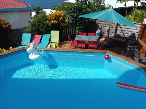 uma piscina com um pato de brinquedo na água em VILLA C'MARGOT em Marigot