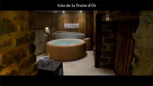 ein Bad mit einer großen Badewanne in einem Zimmer in der Unterkunft Gîte La Truite d’Or in Lods