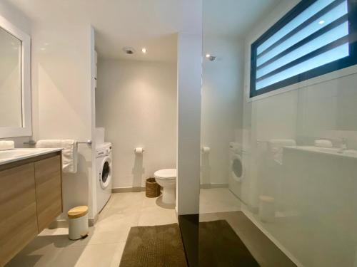 Baño blanco con aseo y lavamanos en Appartement duplex Kakoon Saint Martin Anse Marcel, en Anse Marcel 