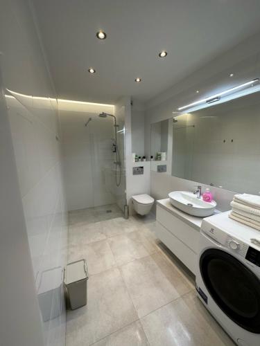 a bathroom with a sink and a shower and a toilet at Flat4You III in Poznań