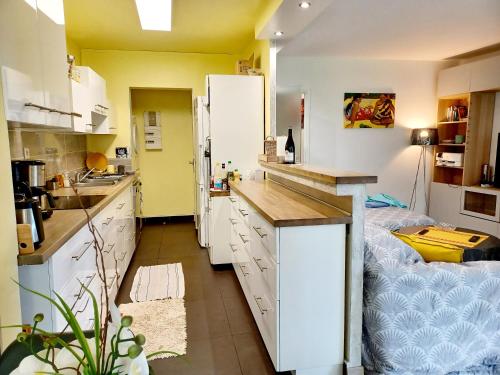 Il comprend une cuisine équipée d'un comptoir et d'un réfrigérateur. dans l'établissement Superbe appartement 3p, parking gratuit proche Paris, à Châtenay-Malabry