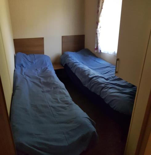 two beds in a room with blue sheets and a window at Kingsley vale in Selsey