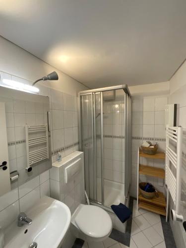 uma casa de banho com um chuveiro, um WC e um lavatório. em Schöne Aussicht Sauerland by Kölbel Familienurlaub mit Hund em Schmallenberg