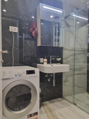 a bathroom with a washing machine and a sink at One bedroom apartment in Belgrade city center in Belgrade