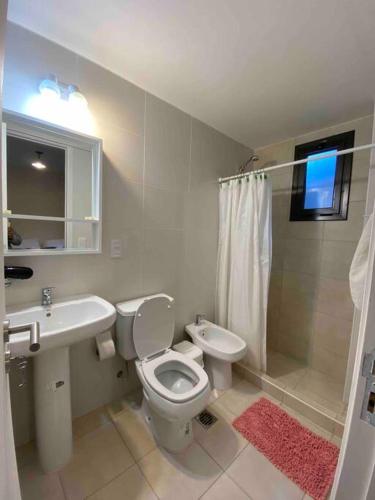 a bathroom with a toilet and a sink and a shower at Moderno y nuevo apartamento con cochera en el centro in La Cieneguita