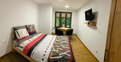 een slaapkamer met een bed, een bureau en een televisie bij Mountain View Guest Rooms in Jedlina-Zdrój