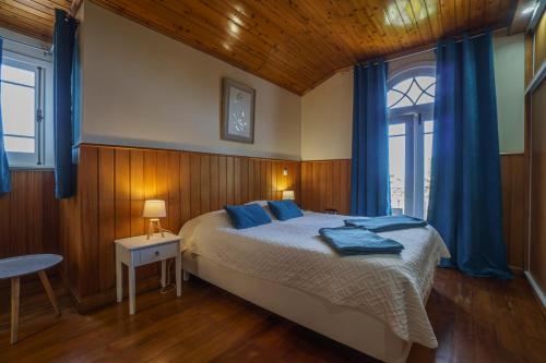 een slaapkamer met een bed met blauwe kussens erop bij Quinta das Hortências in São Vicente Ferreira