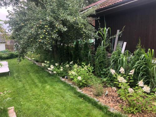 a garden with a tree and some flowers at Private space with 2 bedrooms in Huddinge