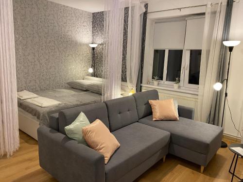 a living room with a couch and a bed at Apartament Czytelnia - parking gratis in Poznań