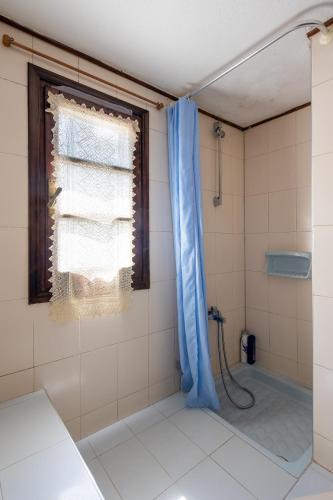 a bathroom with a shower with a blue curtain at Zenios Dionysos - Traditional villa in Grevena