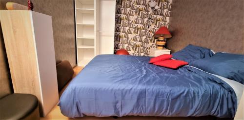 a bedroom with a bed with blue sheets and red pillows at Chambre spacieuse à Sartrouville in Sartrouville