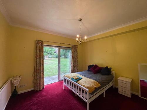 een slaapkamer met een bed en een groot raam bij Elegant Weybridge Apartment near Train Station in Oatlands Park