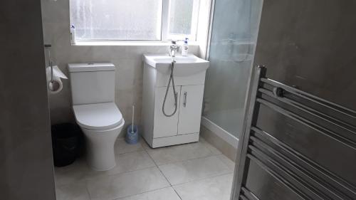 a bathroom with a toilet and a sink and a window at 13 Vale House in London