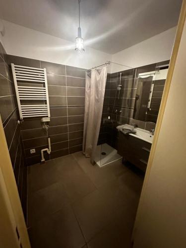 une salle de bain avec une douche, un lavabo et un miroir dans l'établissement Superbe Appartement terrasse 2P à 5 min à pied du vieux Nice, du port et du Tram, à Nice