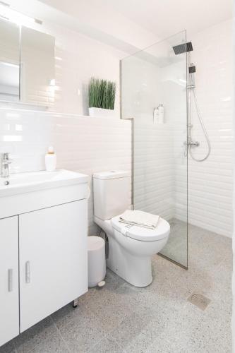 a bathroom with a toilet and a sink and a shower at Villa Mare in Mákri