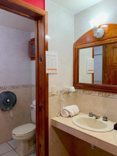 a bathroom with a sink and a toilet and a mirror at Hotel Real de la Sierra in Mazamitla
