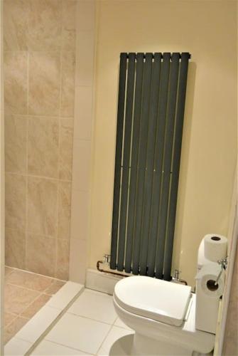 a bathroom with a toilet and a green radiator at Hillfields Farm Barn - A Rural Equestrian Escape in Coventry