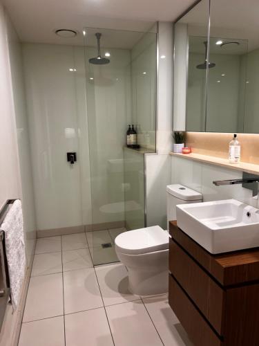 a bathroom with a toilet and a sink and a mirror at Urban Eden in South Yarra in Melbourne
