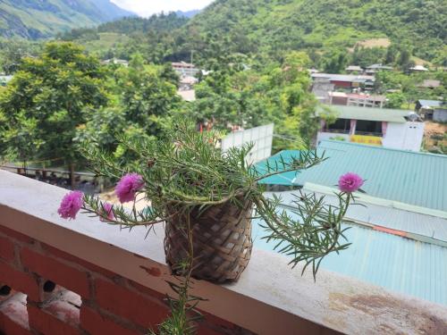 a potted plant sitting on the ledge of a balcony at Du Gia View Homestay in Làng Cac