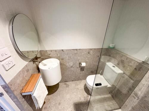 a bathroom with a toilet and a mirror at Pippi's at the Point in Warners Bay