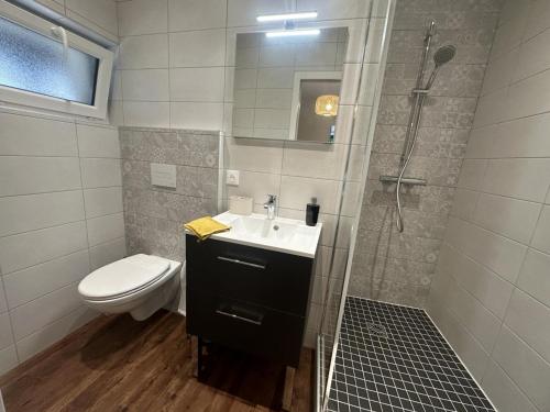 une salle de bain avec une douche, un lavabo et des toilettes dans l'établissement Gîte calme en plein centre de Moulins avec terrasse privative et tout confort inclus - FR-1-489-475, à Moulins