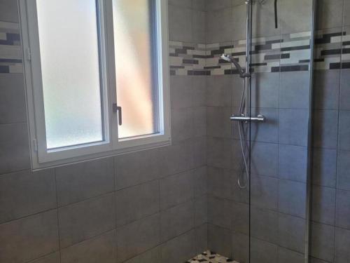 a bathroom with a shower with a glass door at Gîte tout confort avec spa, PMR, clim' réversible, randonnées, activités et spécialités locales - FR-1-489-476 in Couzon