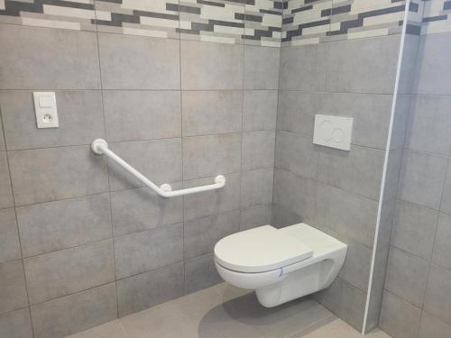a bathroom with a white toilet in a room at Gîte tout confort avec spa, PMR, clim' réversible, randonnées, activités et spécialités locales - FR-1-489-476 in Couzon