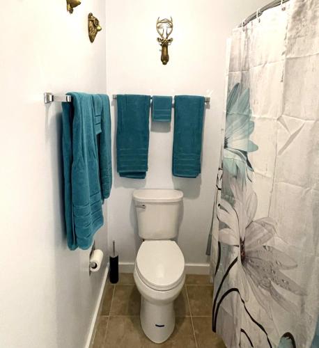 a bathroom with a toilet and blue towels at Mountain View Suite on Jiminy Peak Ski On Off -New in Hancock