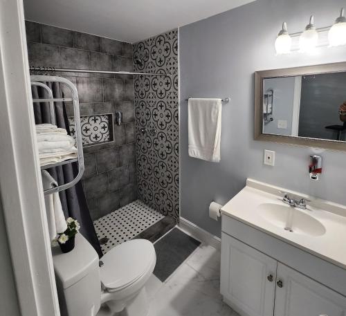 uma casa de banho com um WC, um lavatório e um chuveiro em Cozy Cottage em Tampa