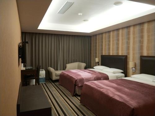 um quarto de hotel com duas camas e uma televisão em Metropolis Hotel em Taoyuan