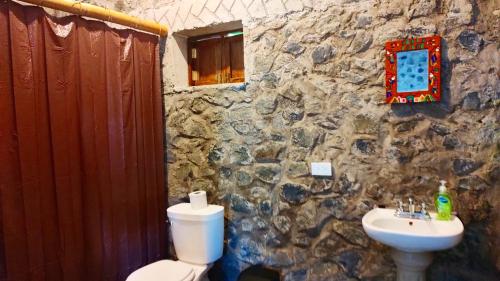 a stone bathroom with a toilet and a sink at Cabañas Ixaya in Catemaco