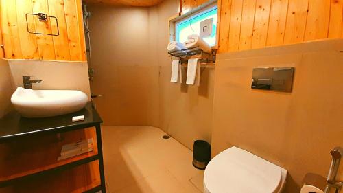 a small bathroom with a toilet and a sink at The Woods Retreat in Lansdowne