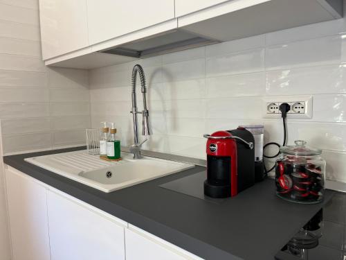 a kitchen counter with a coffee maker and a sink at Casa Stewart - Ponente in Geremèas
