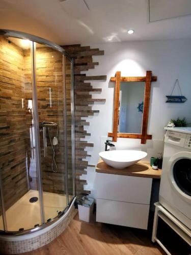 une salle de bain avec une douche, un lavabo et des toilettes dans l'établissement Appartement sur les hauteurs de la ciotat, à Ceyreste