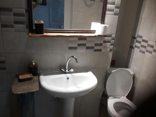 a bathroom with a sink and a toilet at ΤΟΥΡΙΣΤΙΚΕΣ ΕΠΙΠΛΩΜΕΝΕΣ ΚΑΤΟΙΚΙΕΣ φροσω χωριατη in Agios Kirykos