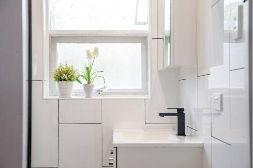 Marinoにある'Oasis in Marino' w/ Ocean Views, Sunroom + Studyのシンクと窓のある白いキッチン