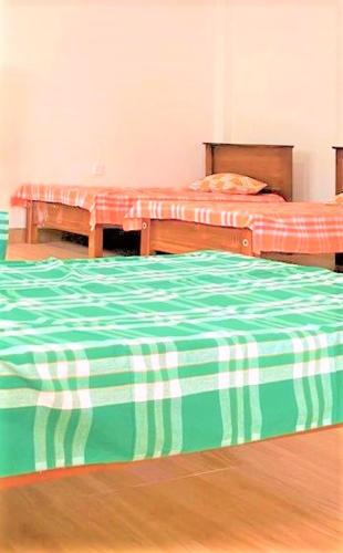 a bedroom with two beds with a green and white comforter at Moderncore Hostel in Anuradhapura