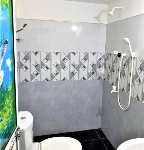 a bathroom with a shower and a toilet in it at Moderncore Hostel in Anuradhapura