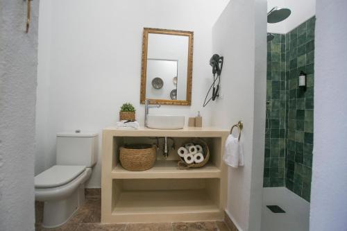 a bathroom with a toilet and a mirror at AIRE RURAL JIMENA in Jimena de la Frontera